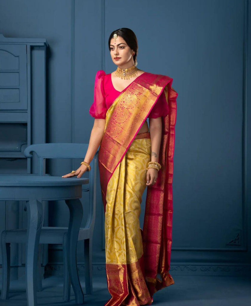 Denouement Yellow Soft Silk Saree With Glittering Blouse Piece KP