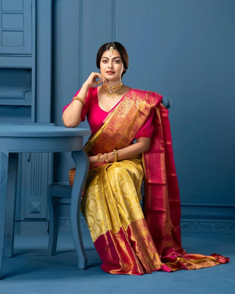 Denouement Yellow Soft Silk Saree With Glittering Blouse Piece KP