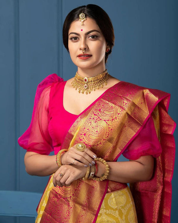 Denouement Yellow Soft Silk Saree With Glittering Blouse Piece KP