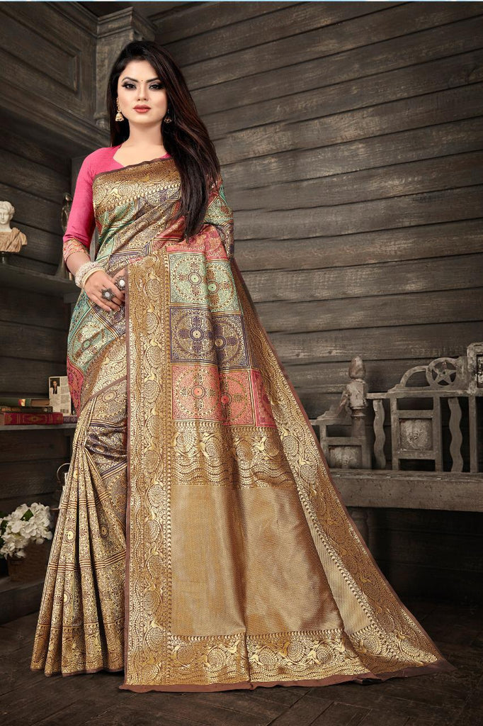 Nemesis Beige Soft Banarasi Silk Saree With Fancifull Blouse Piece KPR