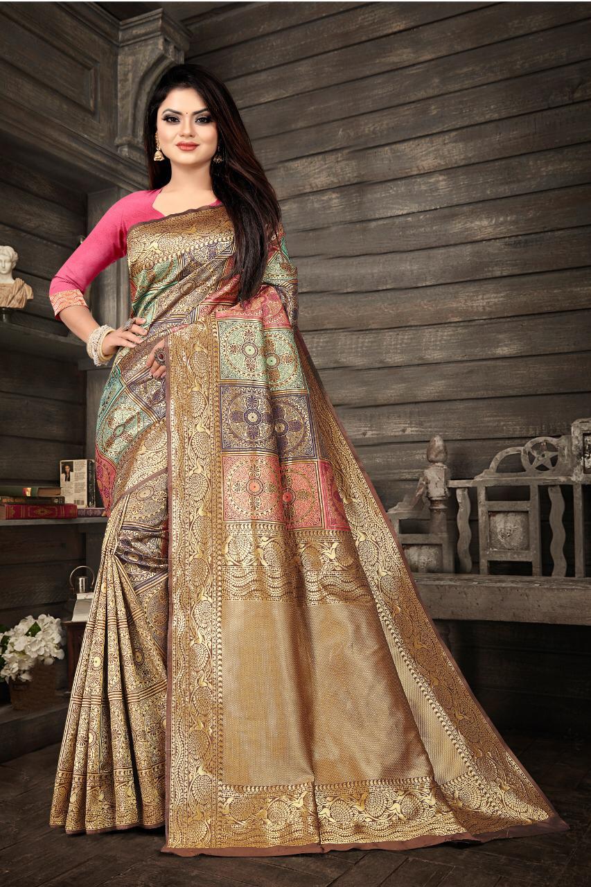 Nemesis Beige Soft Banarasi Silk Saree With Fancifull Blouse Piece KPR Main image