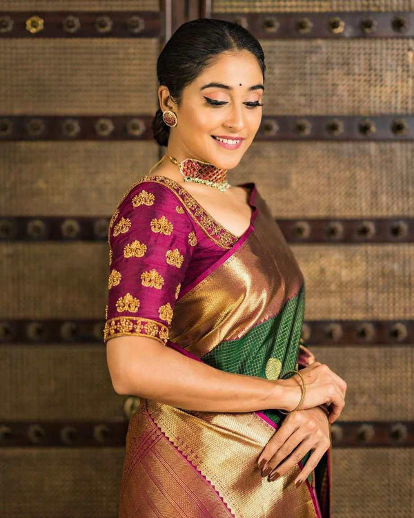 Stunner Green Soft Banarasi Silk Saree With Girlish Blouse Piece KPR