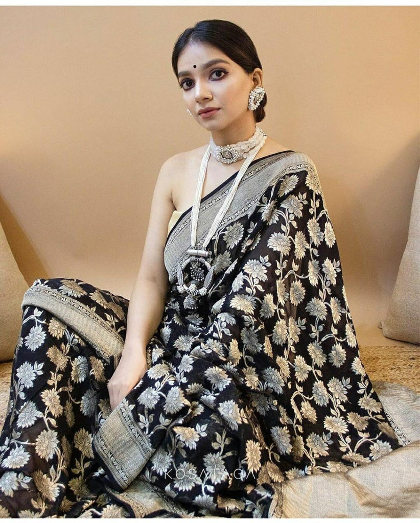 Murmurous Black Soft Banarasi Silk Saree With Opulent Blouse Piece KPR