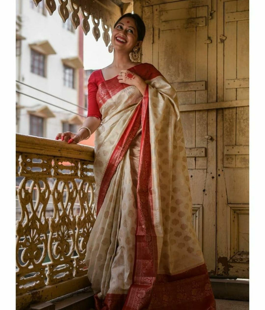 Splendorous Beige Soft Banarasi Silk Saree With Bucolic Blouse Piece KPR