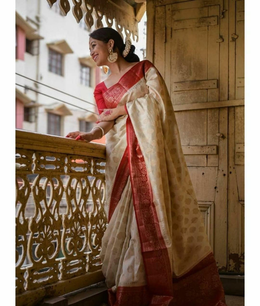 Splendorous Beige Soft Banarasi Silk Saree With Bucolic Blouse Piece KPR