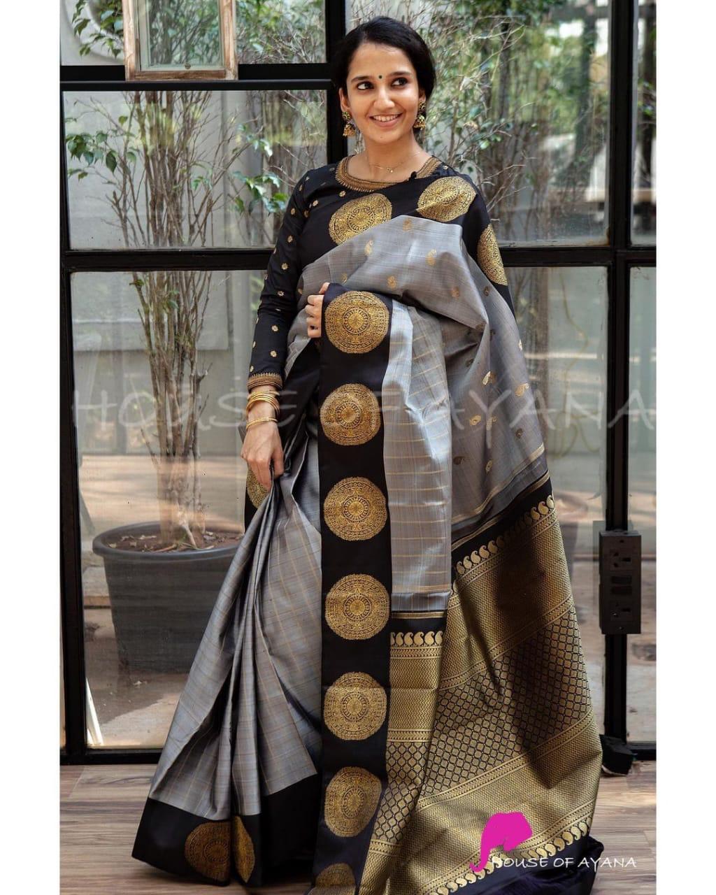 Stunning Grey Soft Banarasi Silk Saree With Intricate Blouse Piece KPR Main image