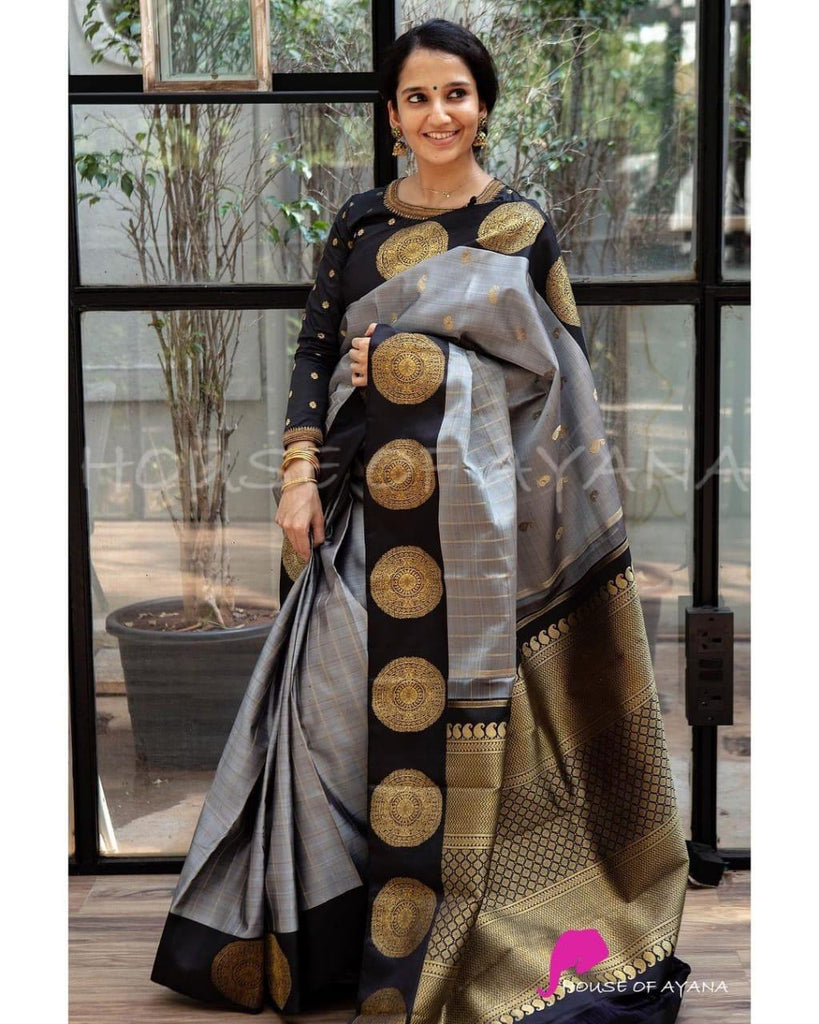 Stunning Grey Soft Banarasi Silk Saree With Intricate Blouse Piece KPR