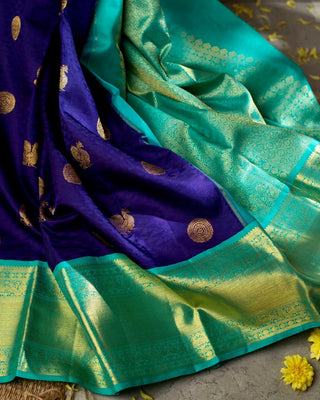 Delectable Blue Soft Banarasi Silk Saree With Ethnic Blouse Piece KPR