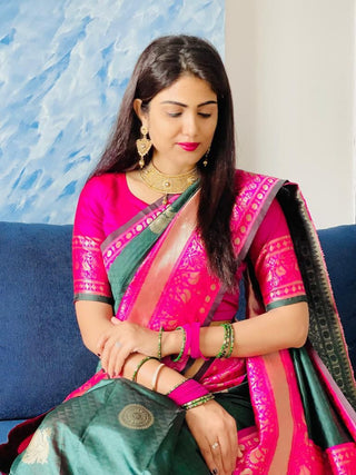 Dazzling Green Soft Banarasi Silk Saree With Ethnic Blouse Piece KPR