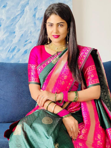 Dazzling Green Soft Banarasi Silk Saree With Ethnic Blouse Piece KPR