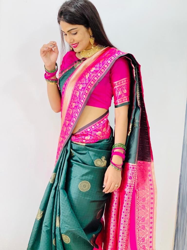 Dazzling Green Soft Banarasi Silk Saree With Ethnic Blouse Piece KPR