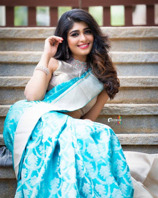 Outstanding Firozi Soft Banarasi Silk Saree With Prettiest Blouse Piece KPR