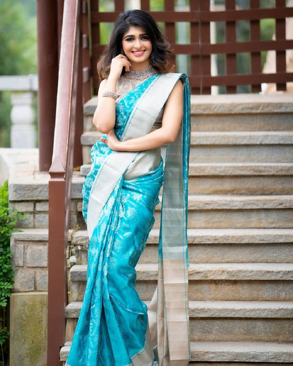 Outstanding Firozi Soft Banarasi Silk Saree With Prettiest Blouse Piece KPR
