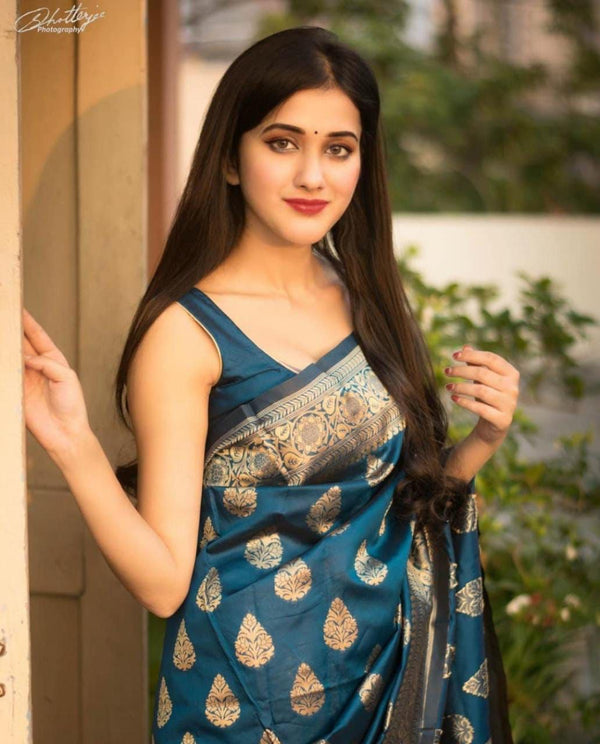 Snazzy Blue Soft Banarasi Silk Saree With Nemesis Blouse Piece KPR