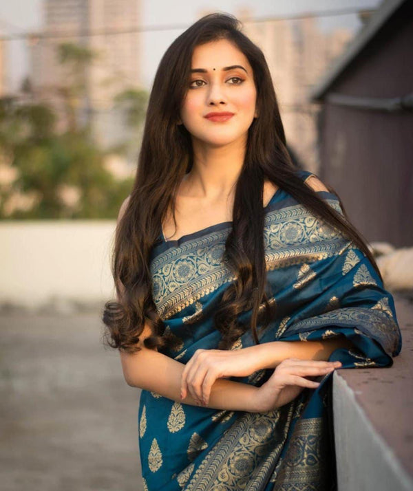 Snazzy Blue Soft Banarasi Silk Saree With Nemesis Blouse Piece KPR