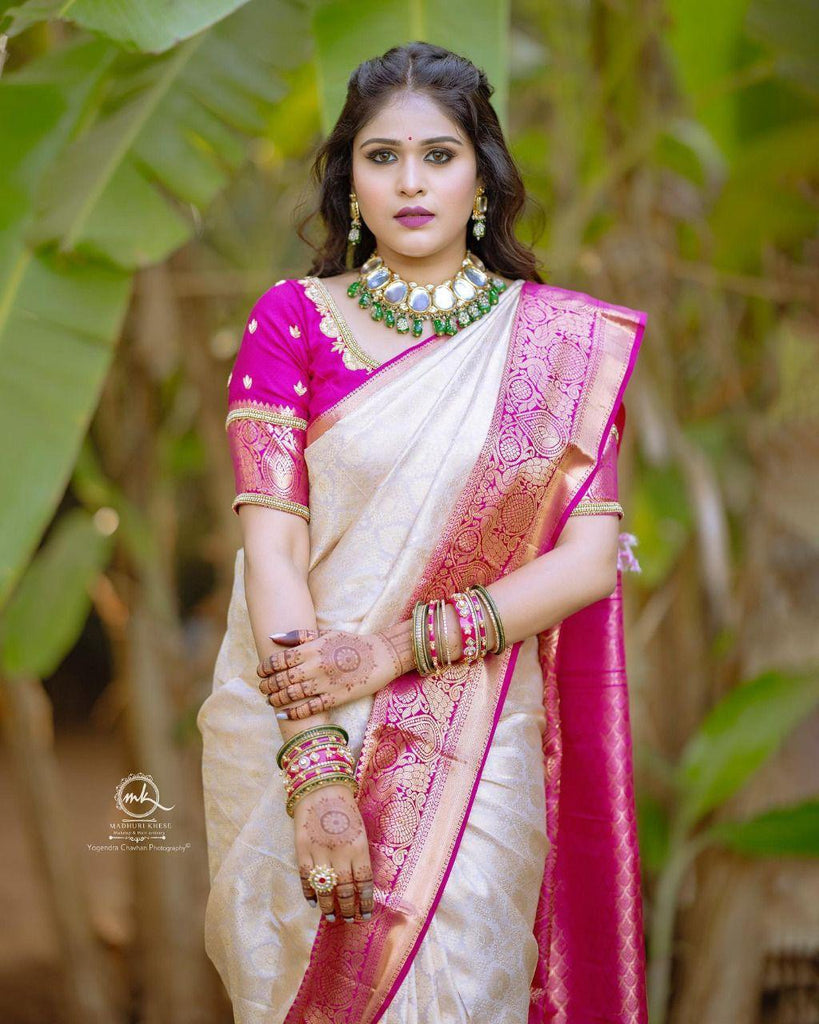 Divine Beige Soft Banarasi Silk Saree With Blooming Blouse Piece KPR