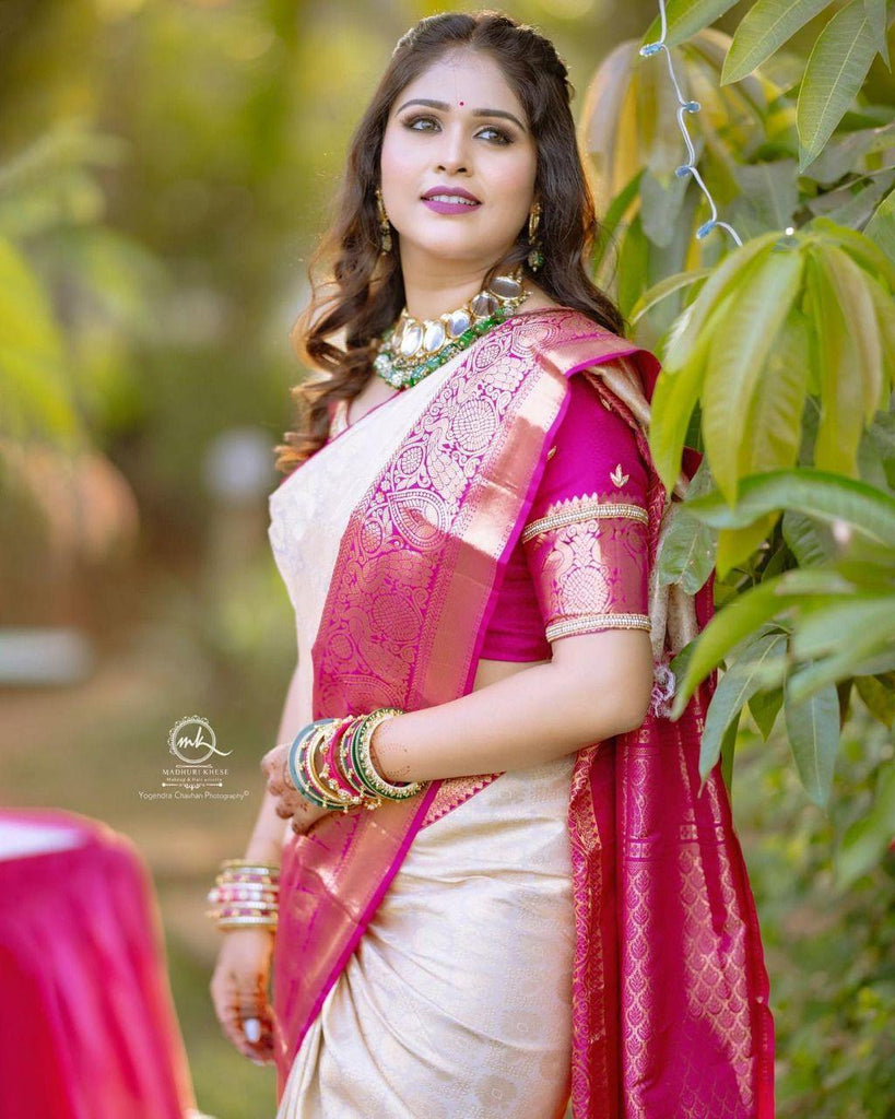 Divine Beige Soft Banarasi Silk Saree With Blooming Blouse Piece KPR