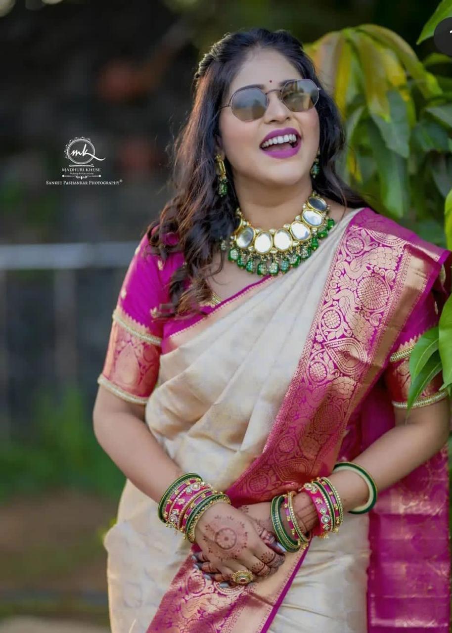 Divine Beige Soft Banarasi Silk Saree With Blooming Blouse Piece KPR
