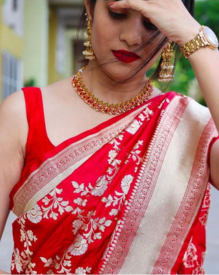 Divine Red Soft Banarasi Silk Saree With Seraglio Blouse Piece KPR
