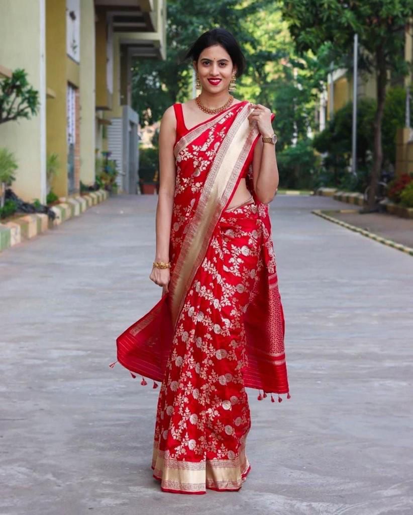 Divine Red Soft Banarasi Silk Saree With Seraglio Blouse Piece KPR