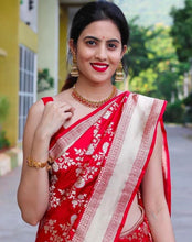 Load image into Gallery viewer, Divine Red Soft Banarasi Silk Saree With Seraglio Blouse Piece KPR