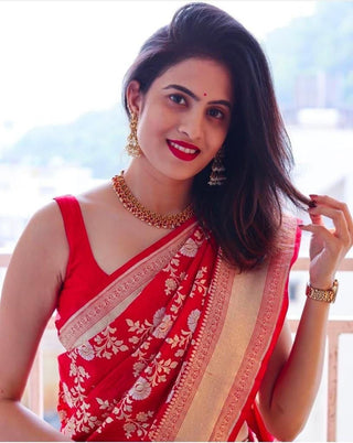 Divine Red Soft Banarasi Silk Saree With Seraglio Blouse Piece KPR