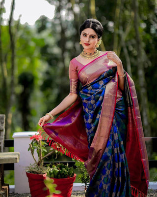 Elegant Blue Soft Banarasi Silk Saree With Pleasant Blouse Piece Shriji