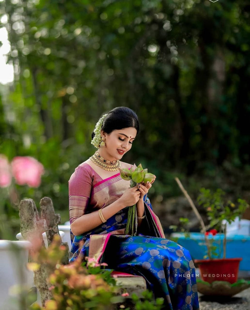 Elegant Blue Soft Banarasi Silk Saree With Pleasant Blouse Piece Shriji