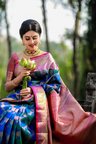 Elegant Blue Soft Banarasi Silk Saree With Pleasant Blouse Piece Shriji