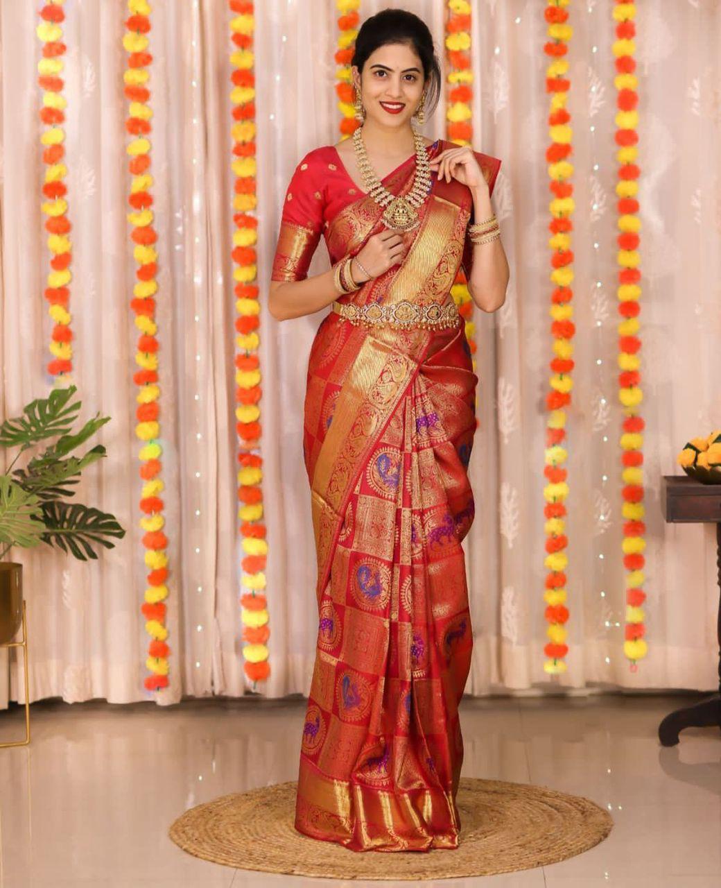 Blooming Red Soft Banarasi Silk Saree With Imbrication Blouse Piece KPR Main image