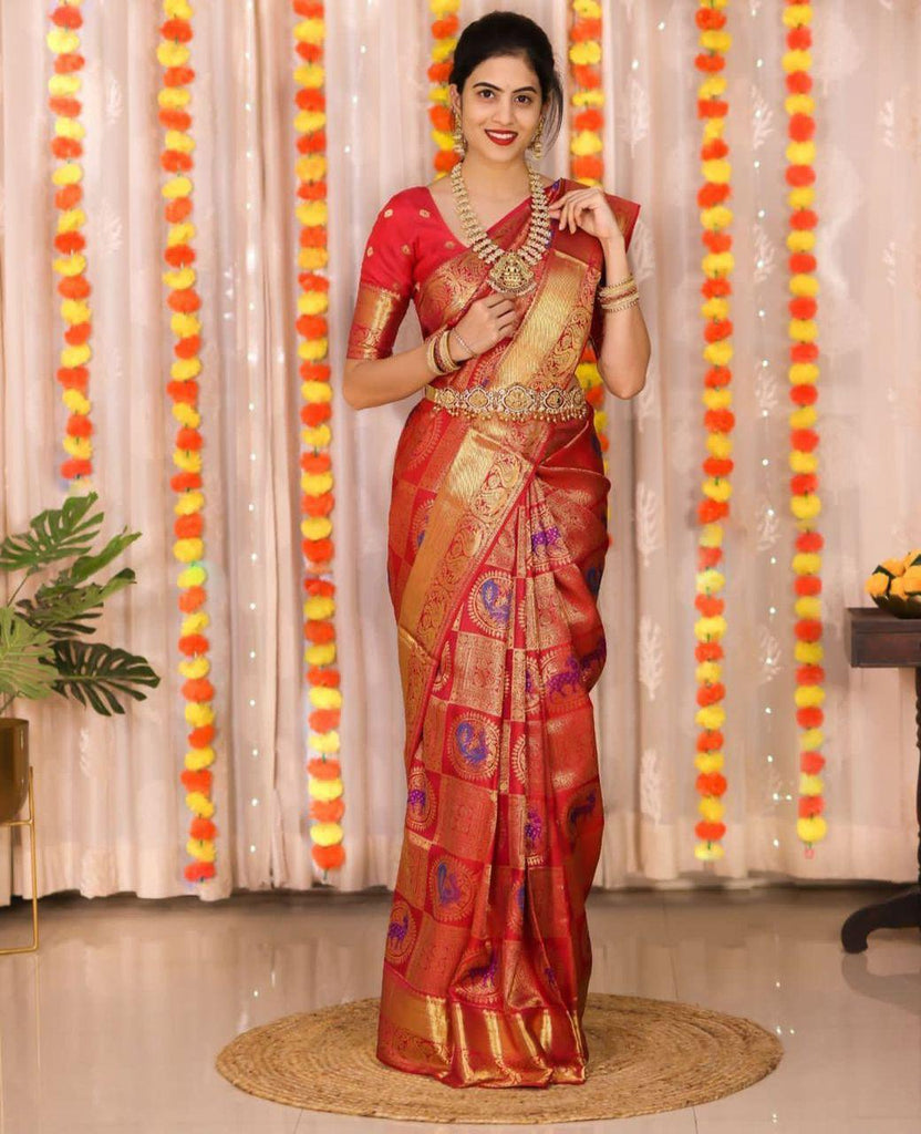 Blooming Red Soft Banarasi Silk Saree With Imbrication Blouse Piece KPR