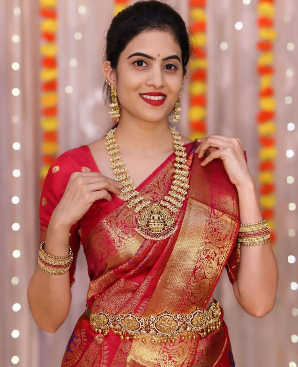 Blooming Red Soft Banarasi Silk Saree With Imbrication Blouse Piece KPR