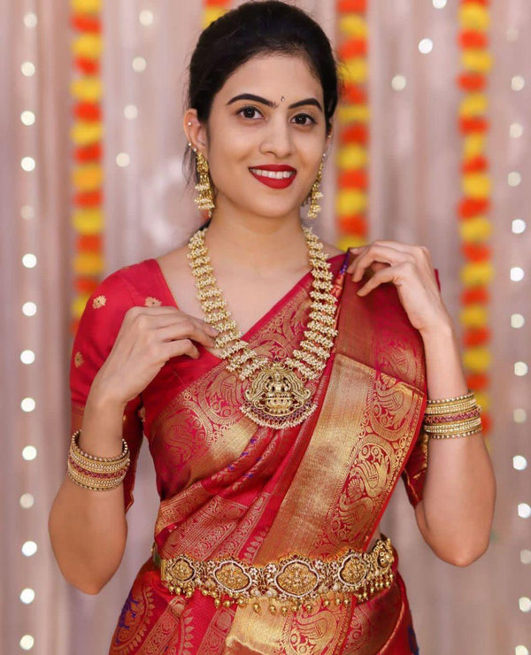 Blooming Red Soft Banarasi Silk Saree With Imbrication Blouse Piece KPR