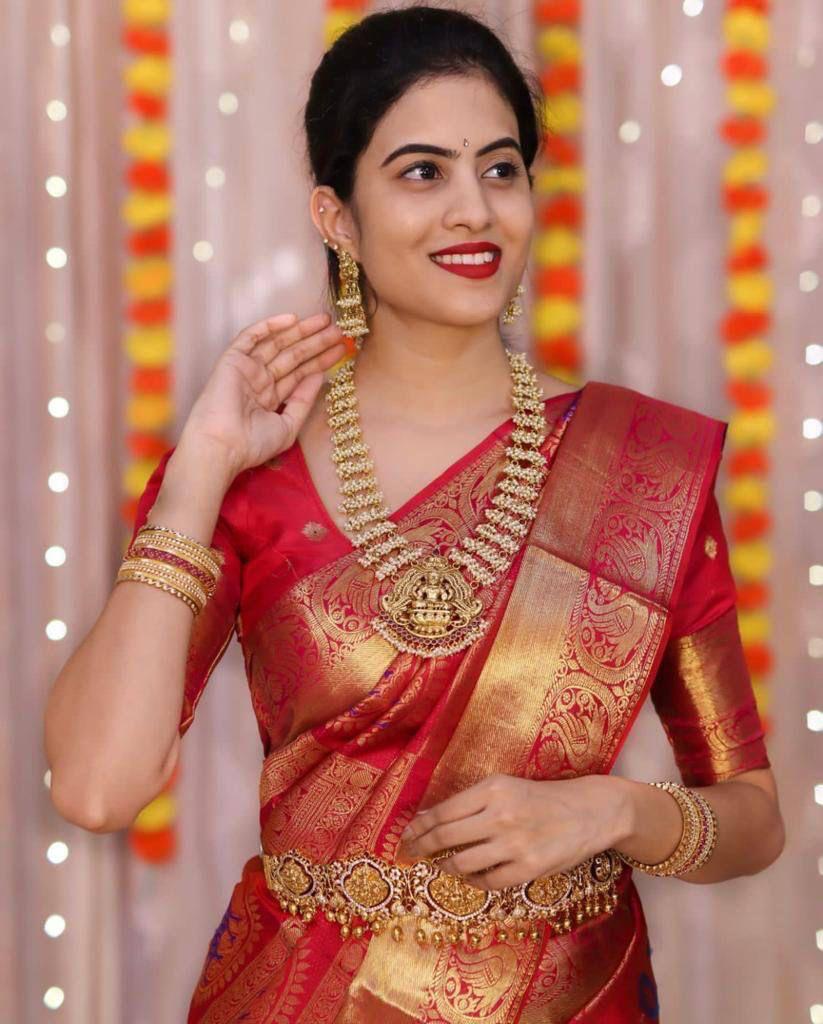 Blooming Red Soft Banarasi Silk Saree With Imbrication Blouse Piece KPR