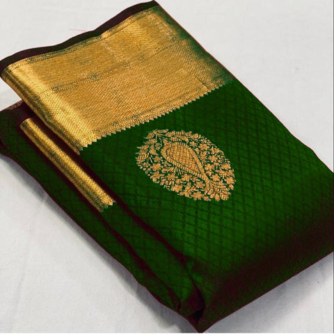 Ideal Dark Green Soft Banarasi Silk Saree With Lissome Blouse Piece KPR Main image