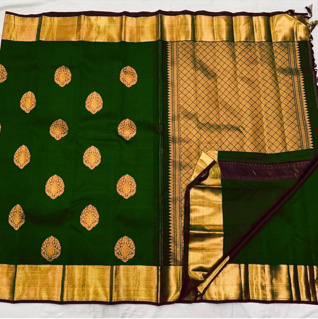 Ideal Dark Green Soft Banarasi Silk Saree With Lissome Blouse Piece KPR