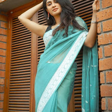 Load image into Gallery viewer, Blissful Firozi Soft Silk Saree With Brood Blouse Piece KPR