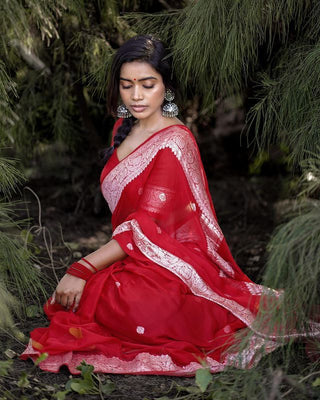 Angelic Red Soft Silk Saree With Excellent Blouse Piece KPR