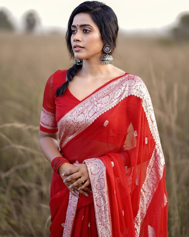 Angelic Red Soft Silk Saree With Excellent Blouse Piece KPR Main image