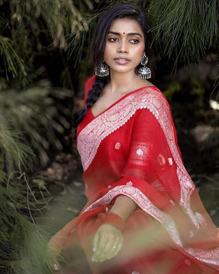 Angelic Red Soft Silk Saree With Excellent Blouse Piece KPR