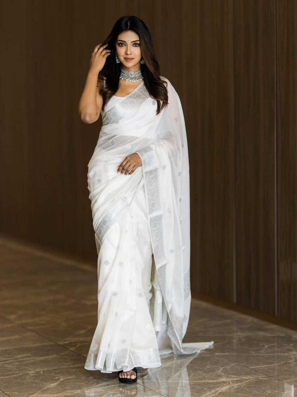 Bewitching White Soft Silk Saree With Cynosure Blouse Piece KPR