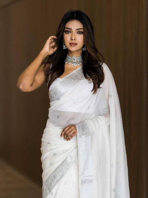 Bewitching White Soft Silk Saree With Cynosure Blouse Piece KPR Main image