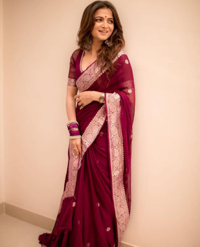 Arresting Wine Soft Silk Saree With Tempting Blouse Piece KPR