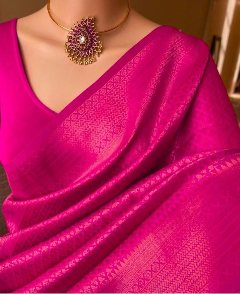 Smart Dark Pink Soft Silk Saree With Demure Blouse Piece KPR