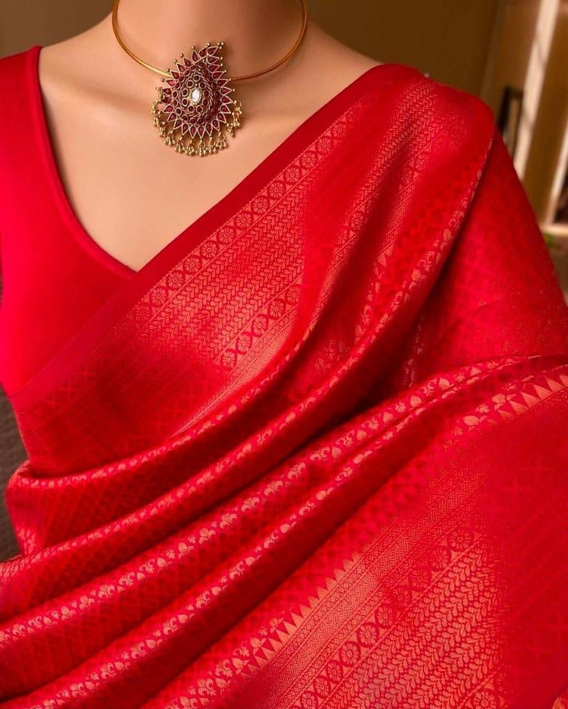 Radiant Red Soft Silk Saree With Demure Blouse Piece KPR