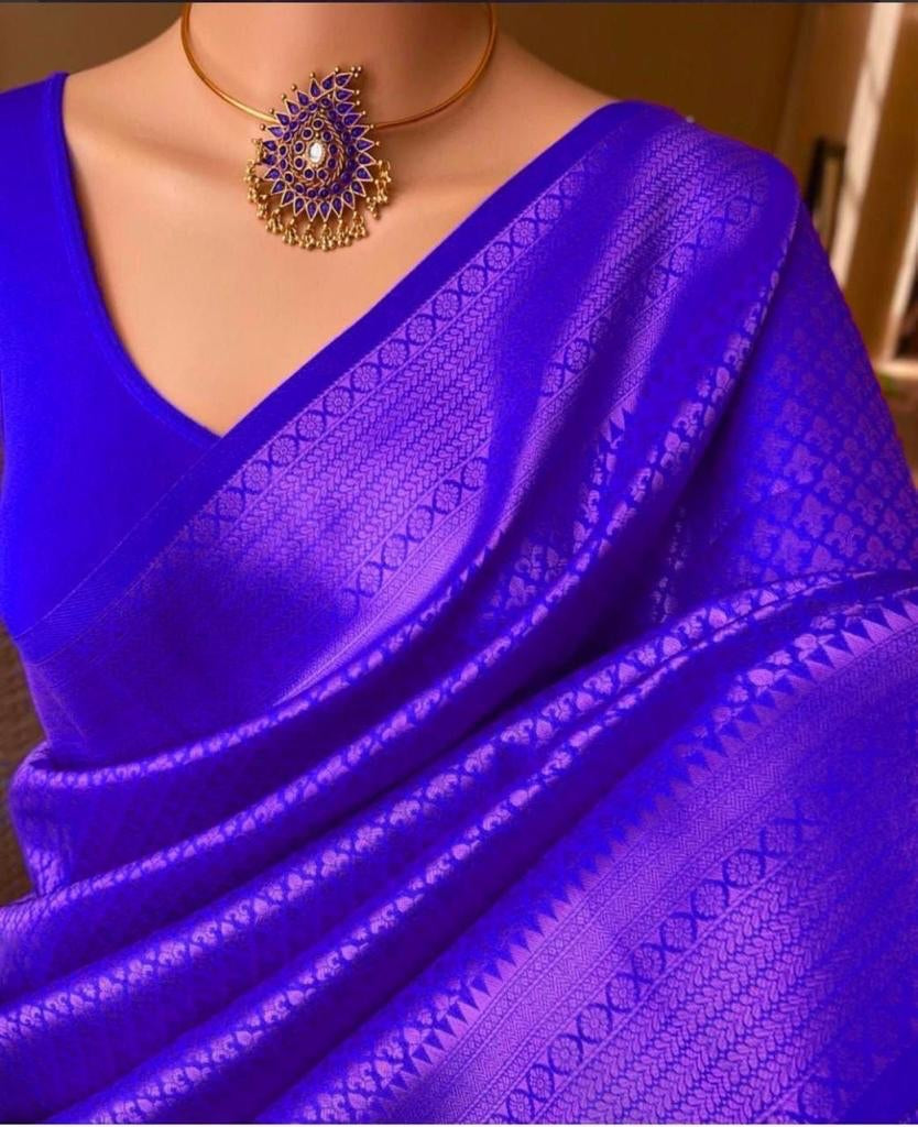 Majesty Royal Blue Soft Silk Saree With Demure Blouse Piece KPR Main image