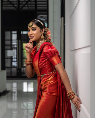 Traditional Red Soft Silk Saree with Energetic Blouse Piece KPR
