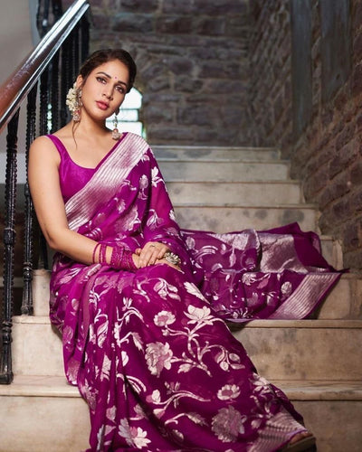 Lassitude Purple Banarasi Silk Saree With Lovely Blouse Piece KPR