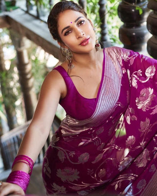 Lassitude Purple Banarasi Silk Saree With Lovely Blouse Piece KPR