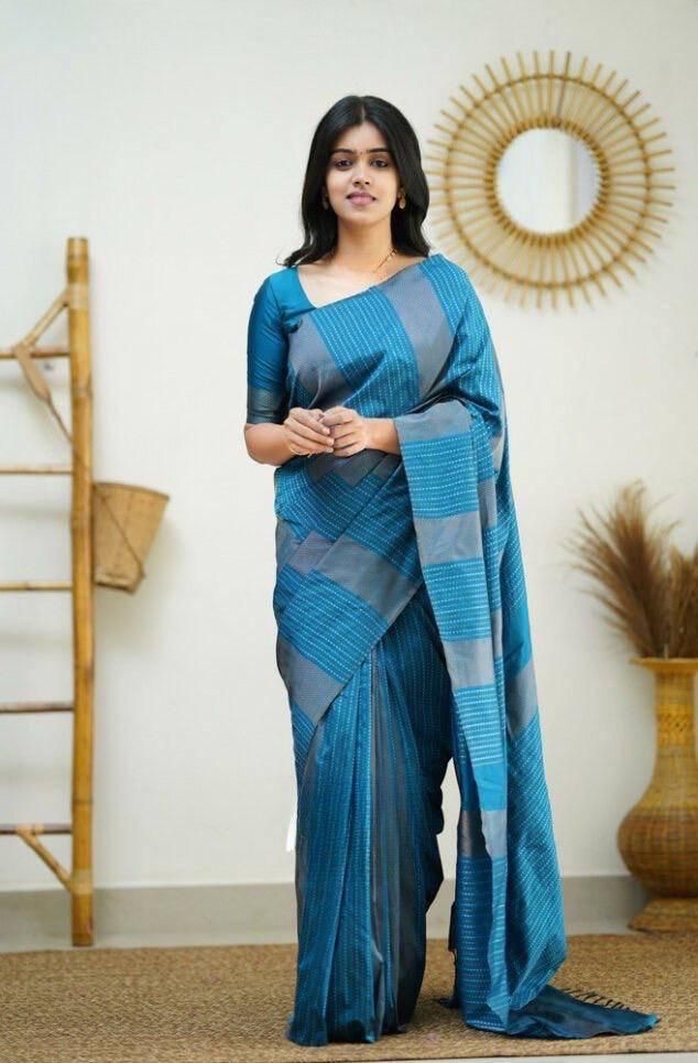 Mesmeric Firozi Soft Silk Saree With Enchanting Blouse Piece KPR